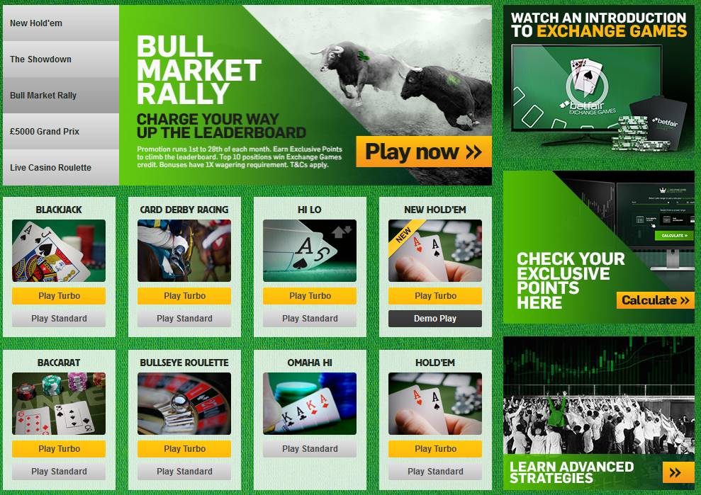 The game selection available at Betfair
