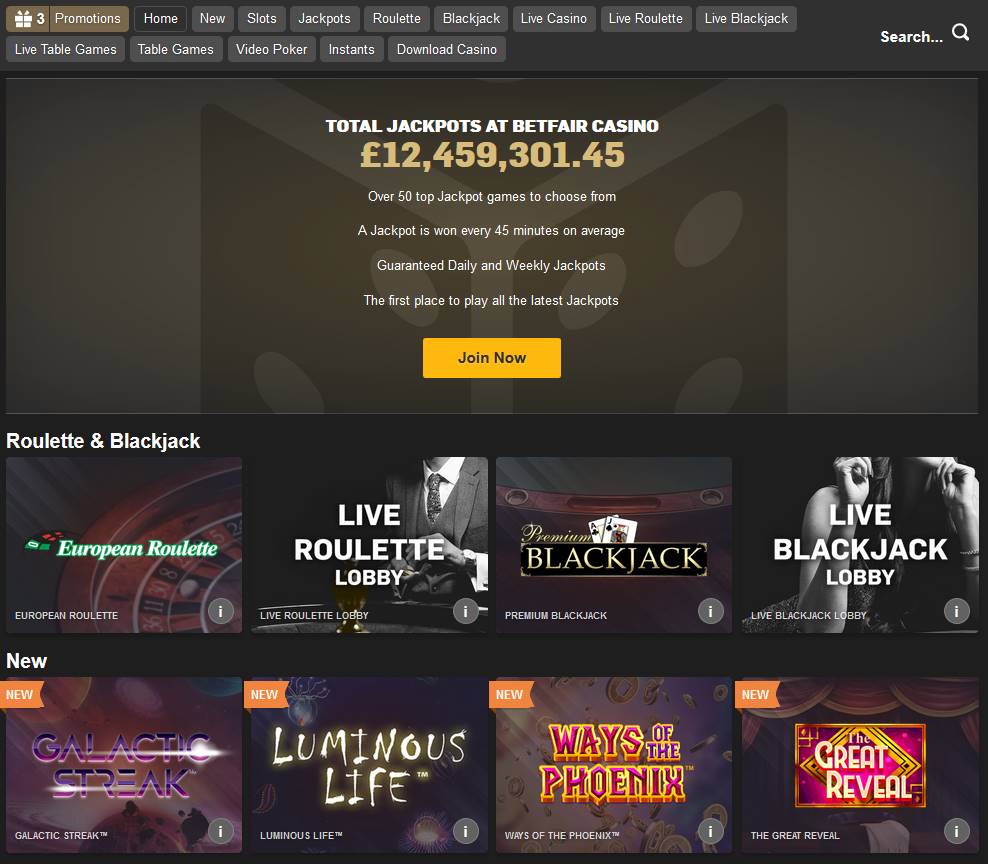 Overview of casino games at Betfair, with a big Jackpot